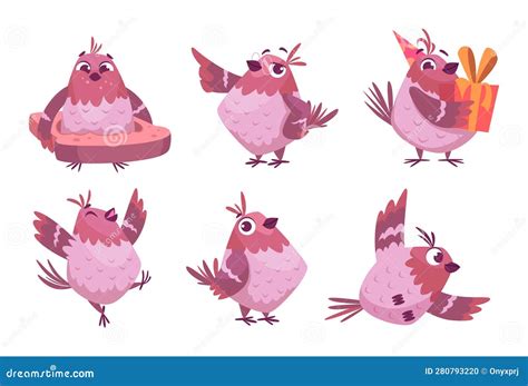 Cartoon Sparrows Funny Birds In Action Poses Standing Flying Exact