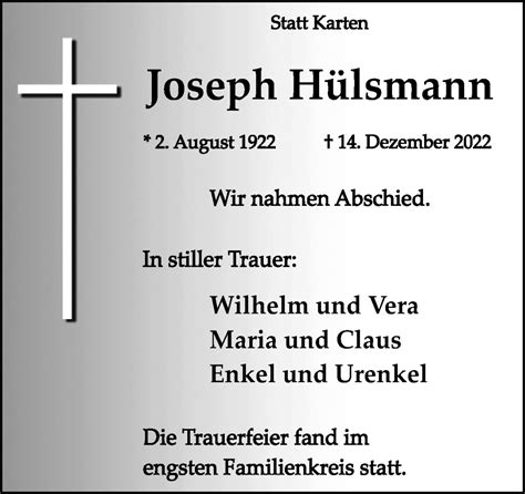 Traueranzeigen Von Joseph H Lsmann Noz Trauerportal