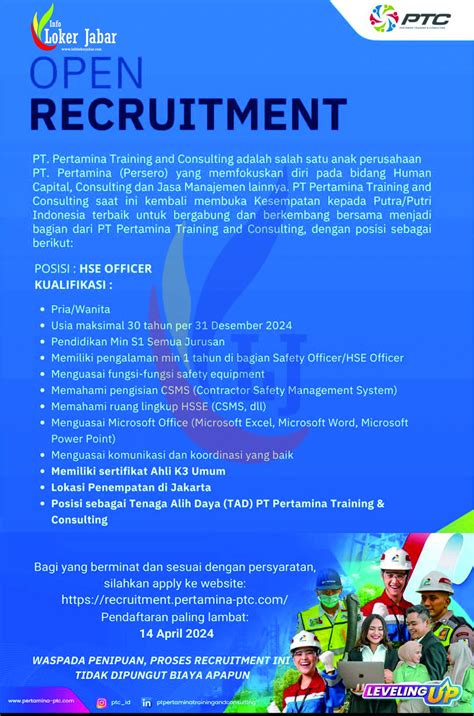 Open Recruitment HSE OFFICER PT Pertamina ( PTC ) 2024 - LOKER JABAR