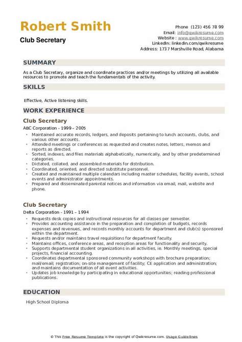 Club Secretary Resume Samples Qwikresume