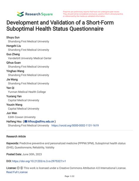 Pdf Development And Validation Of A Short Form Suboptimal Health