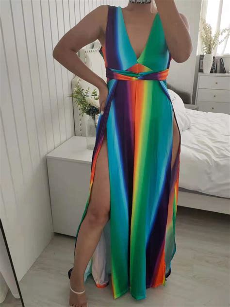 Tie Dye Print Plunge High Slit Sleeveless Maxi Dress