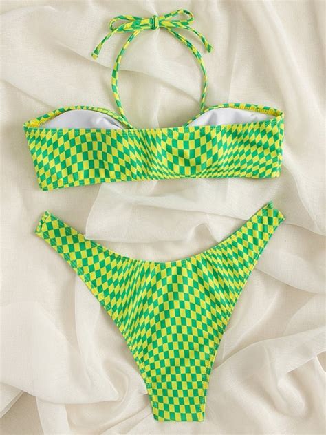 Emmiol Kostenloser Versand Kariertes Neckholder Bikini Set Gr N M