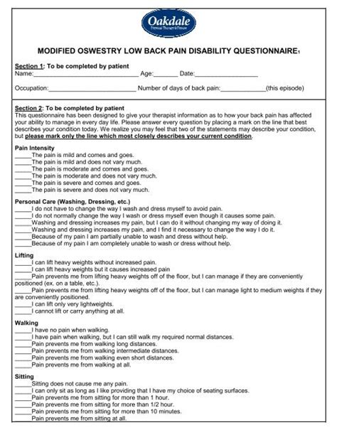 Modified Oswestry Low Back Pain Disability Questionnaire