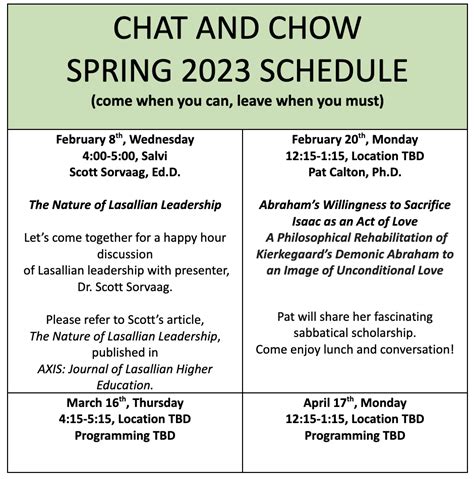 Chat and Chow Schedule – Saint Mary's Today