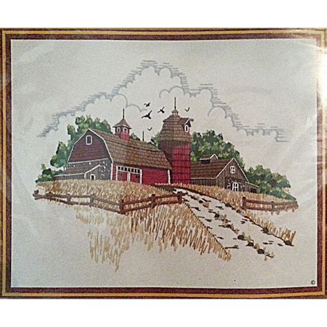 Country Barn Crewel Embroidery Kit 10 X 20 Vintage Farm Sunset