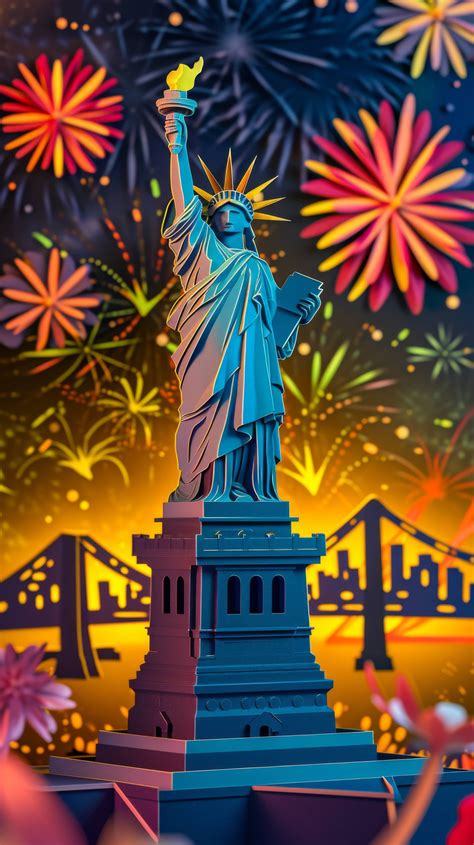 Statue of Liberty illustration, colorful background, fireworks and Statue of Liberty, patriotic ...