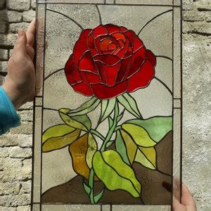 Red Rose Stained Glass Panel Window Hanging Flower Suncatcher Tiffany