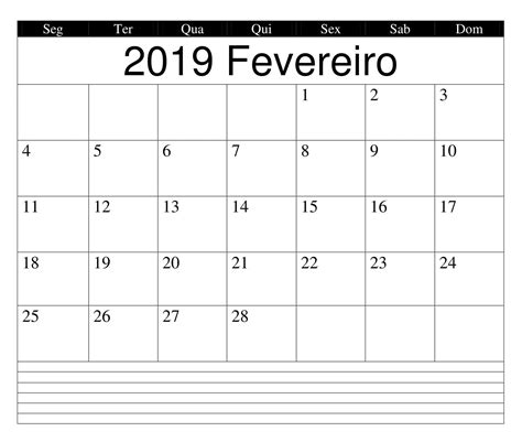 Calendário Mensal Fevereiro PDF 2019 Para Imprimir