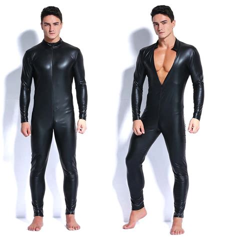 2018 Men Faux Leather Zipper Crotch Latex Catsuit Jumpsuit Sexy