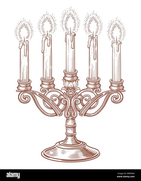 Candelabra With Five Burning Candles Hand Drawn Sketch Vintage