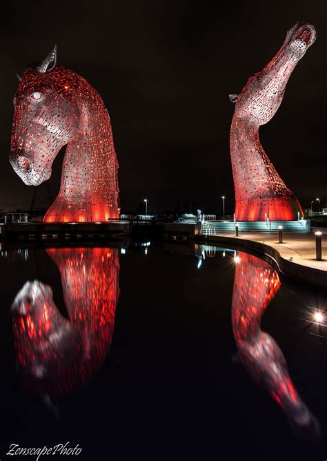 Kelpies At Night Falkirk Red Scotland Print Wall Art Scotland T In