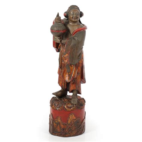 Lot Asian Giltwood And Lacquer Standing Buddhist Acolyte Figure