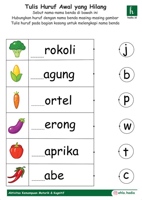 Download Worksheet Tulis Huruf Awal Yang Hilang Seri Nama Sayur Ehla