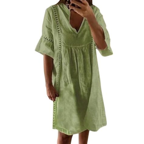 Minetom Femme Robe T De Plage R Tro Robes Col V Lin Manches Court Au