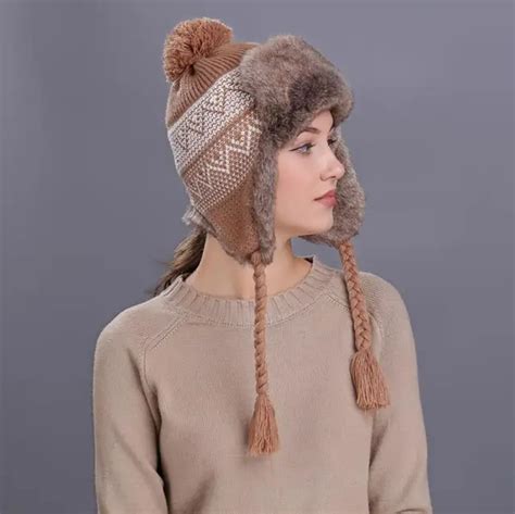 Warm Women Winter Hat With Ear Flaps Snow Ski Thick Knit Wool Beanie