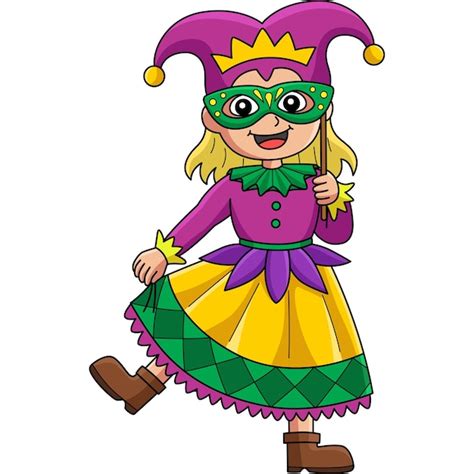 Mardi Gras Jester Girl Cartoon Color Clipart Vector Premium