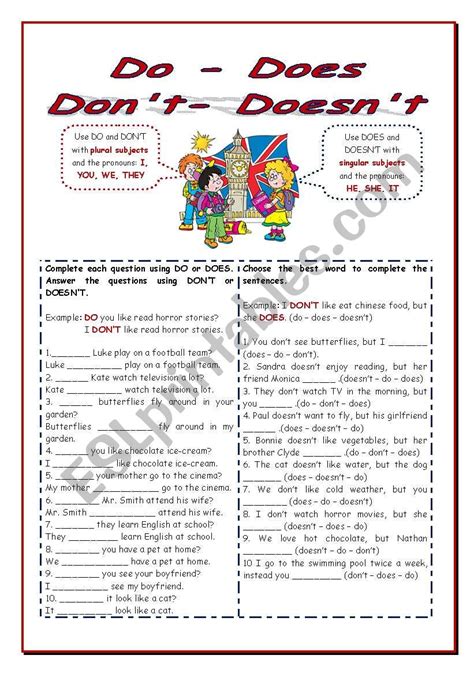 Do Does Dont Doesnt Esl Worksheet By Cinziac