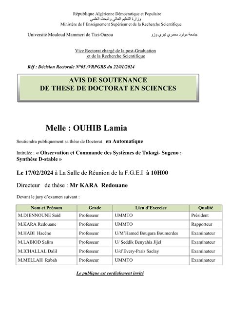 Avis de soutenance de thèse de doctorat en sciences de Mme Lamia OUHIB