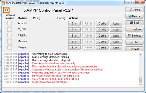 Php Apache Is Not Running From Xampp Control Panel Error Apache