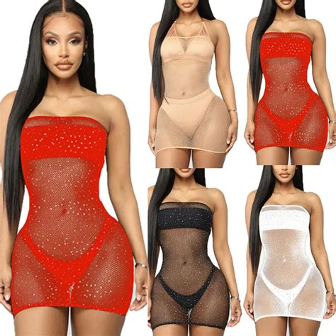 Women Sexy Mesh Sheer Fishnet See Through Bikini Cover Ups Crystal