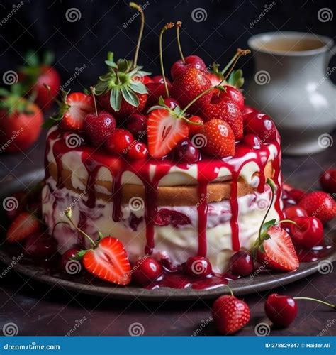 Delicious Cake With Strawberry And Cherry Topping Generative AI Stock