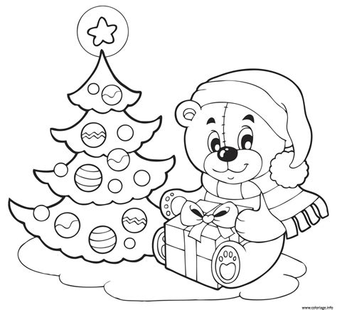 Coloriage Sapin De Noel Et Nounours Avec Un Cadeau De Noel Dessin Noel