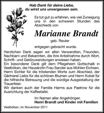 Traueranzeigen Von Marianne Brandt Trauer Nordkurier