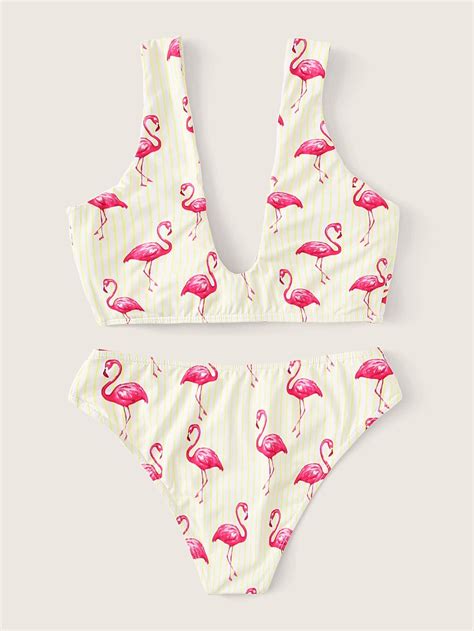 Flamingo Print Knot Front Bikini Set Shein Usa