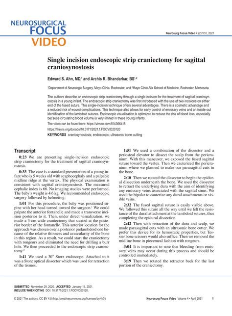 Pdf Single Incision Endoscopic Strip Craniectomy For Sagittal