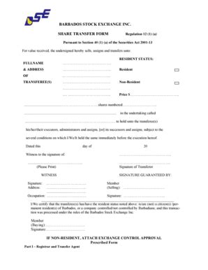 BARBADOS STOCK EXCHANGE INC SHARE TRANSFER FORM Fill Out And Sign