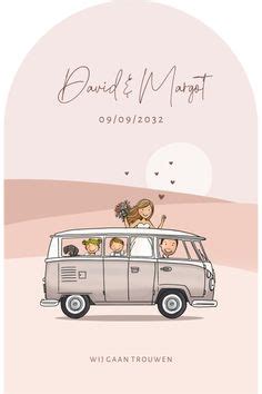 Trouwkaart Bruidspaar Met Vwbus Beige Met Landschap Invitations Beige