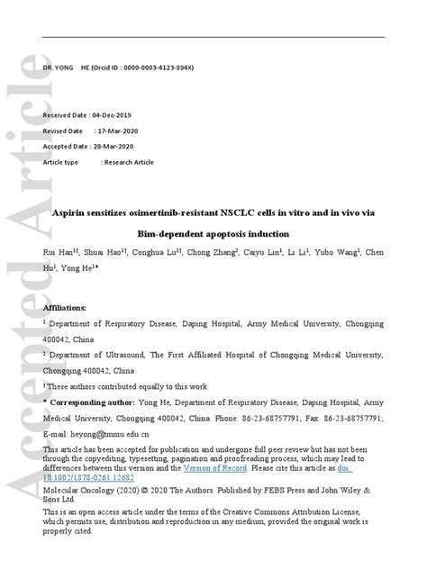 Aspirin Sensitizes Osimertinib Resistant Nsclc Cel Download Free Pdf