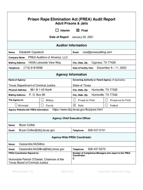 Fillable Online PREA AUDIT REPORT Interim X Final ADULT PRISONS JAILS