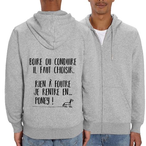 Sweat homme zippé à capuche coton bio Je rentre en poney