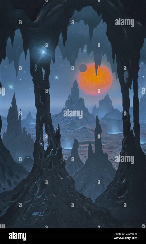 Paisaje Alienígena Ilustración De Una Estrella Enana Roja Naranja Visto Desde El Interior De