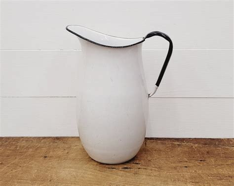 Vintage White Enamel Pitcher Farmhouse Kitchen White Enamelware Serving