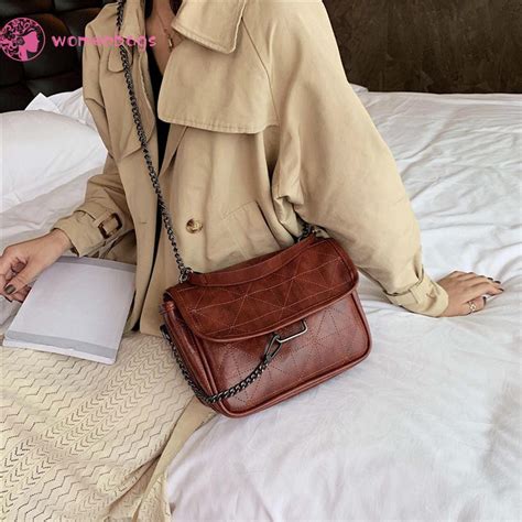 Wb Retro Crossbody Handbag Women Solid Pu Leather Chain Shoulder