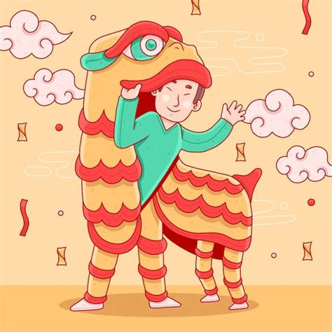 Free Vector Hand Drawn Chinese New Year Lion Dance Illustration