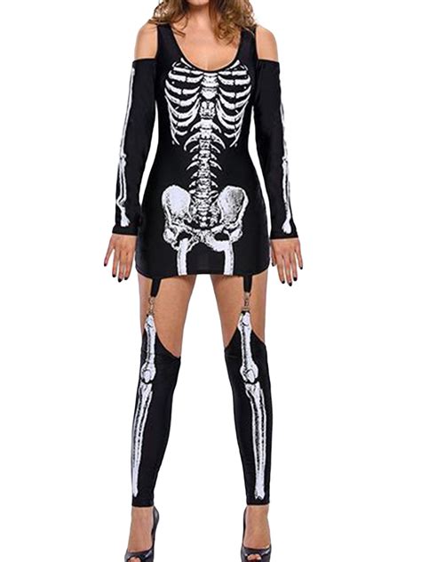 Womens Halloween Costume Skeleton Outfits Sexy Long Sleeve Bodycon