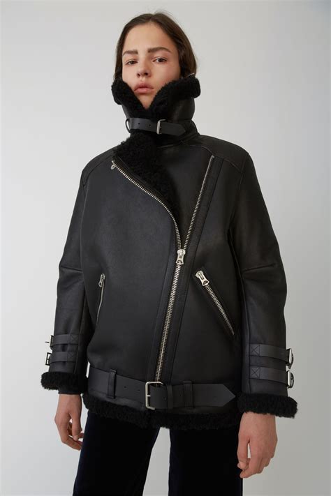 Acne Studios Velocite Shearling Trimmed Leather Biker Jacket Black