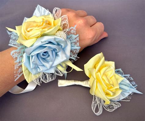 Blue Yellow Flower Wrist Corsage Boutonni Re Pale Blue Yellow Etsy