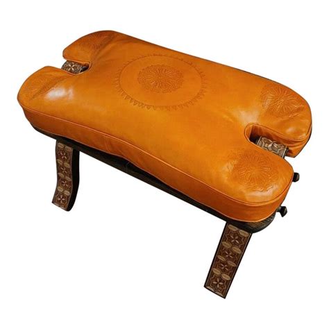 Moroccan Camel Saddle Stool With Orange Leather Cushion And Carved