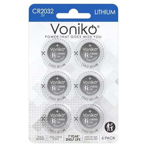 Voniko 3 Volt CR2032 Battery 6 Pack Lithium Batteries 2032 Button