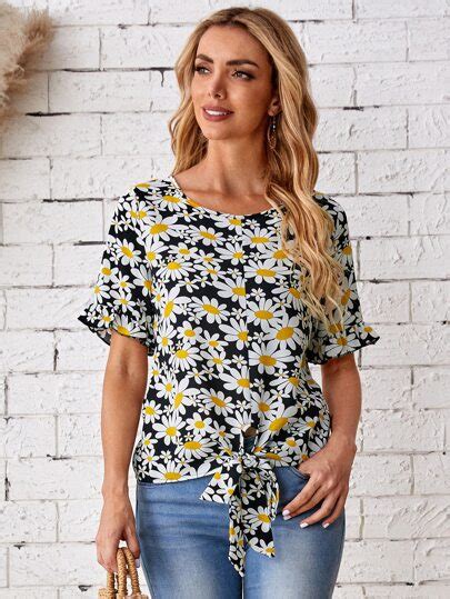 Search Floral Print Knot Hem Blouse Shein Usa