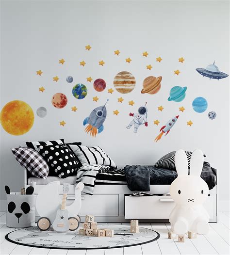 Space Wall Decal Space Themed Nursery Watercolor Solar System Sun