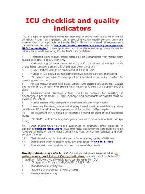 Checklist And Quality Indicators Icu For Nabh Accreditation Preparation