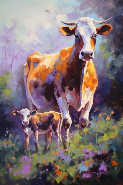 Premium AI Image | A painting of a cow and a calf in a field.