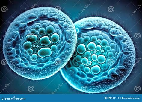 Embryonic Stem Cells Division Human Cells Under Microscope In Vitro