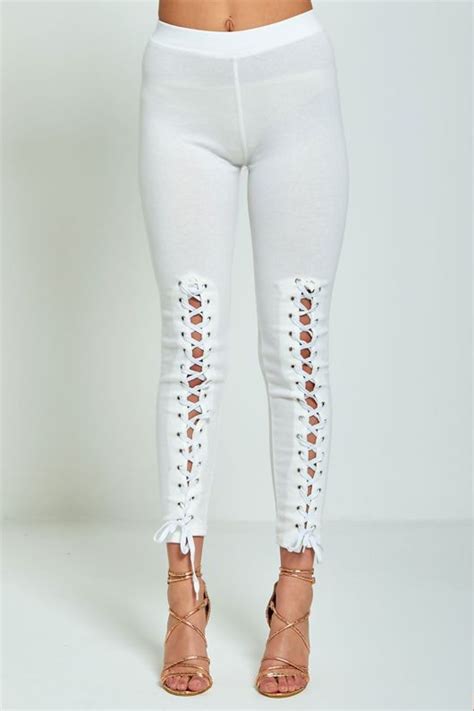 White Lace Up Front Leggings Justyouroutfit